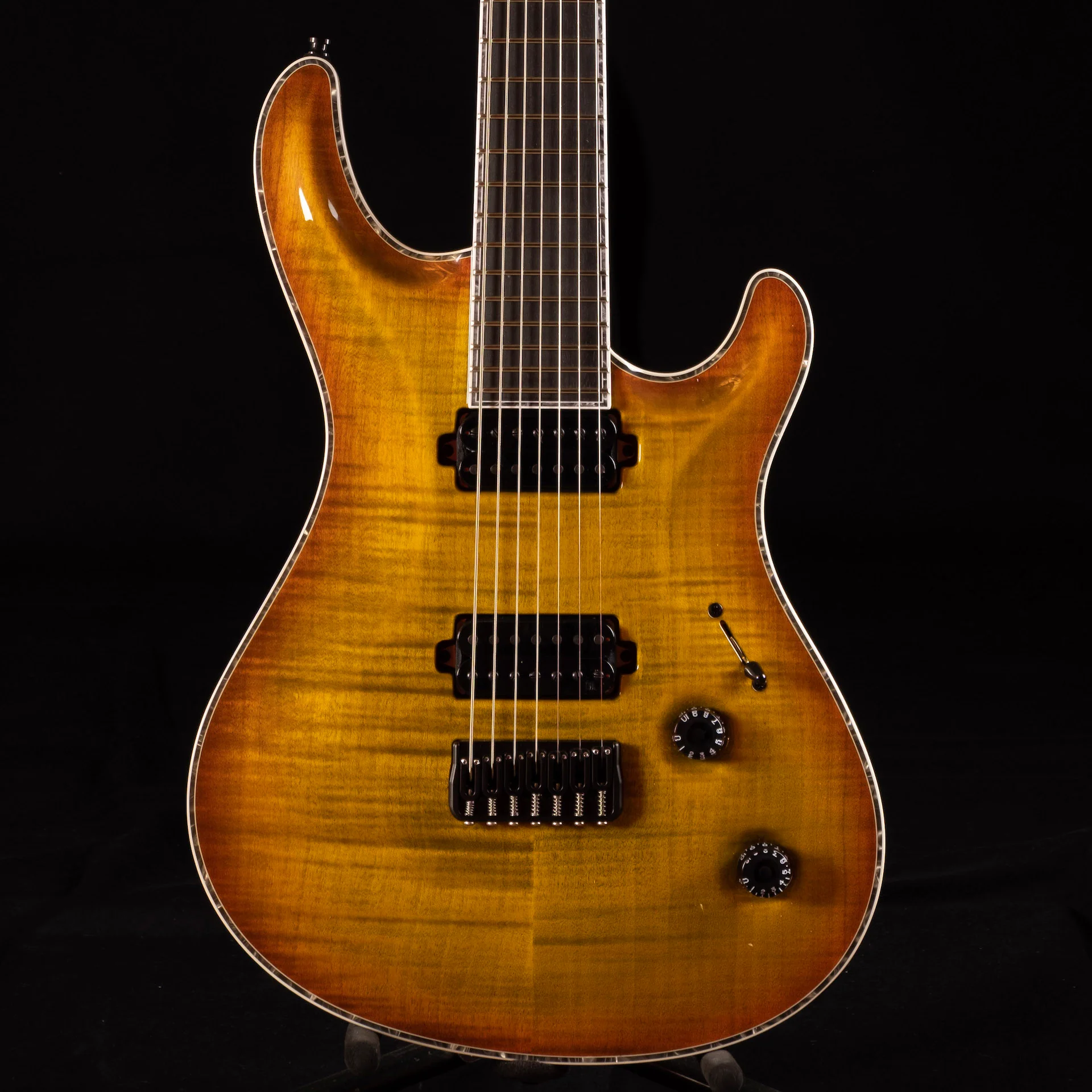 Mayones Regius Core 7 String Baritone 27" Scale Jeans Black Orange Burst Electric Guitar