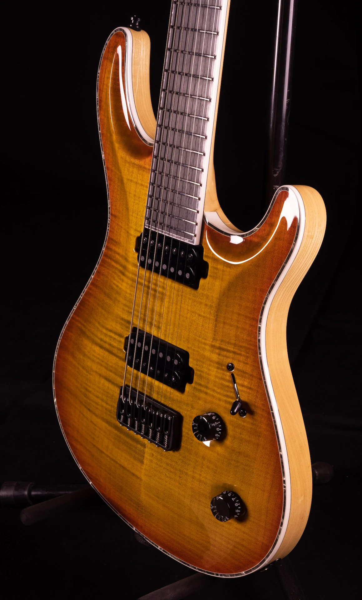 Mayones Regius Core 7 String Baritone 27" Scale Jeans Black Orange Burst Electric Guitar - Image 3