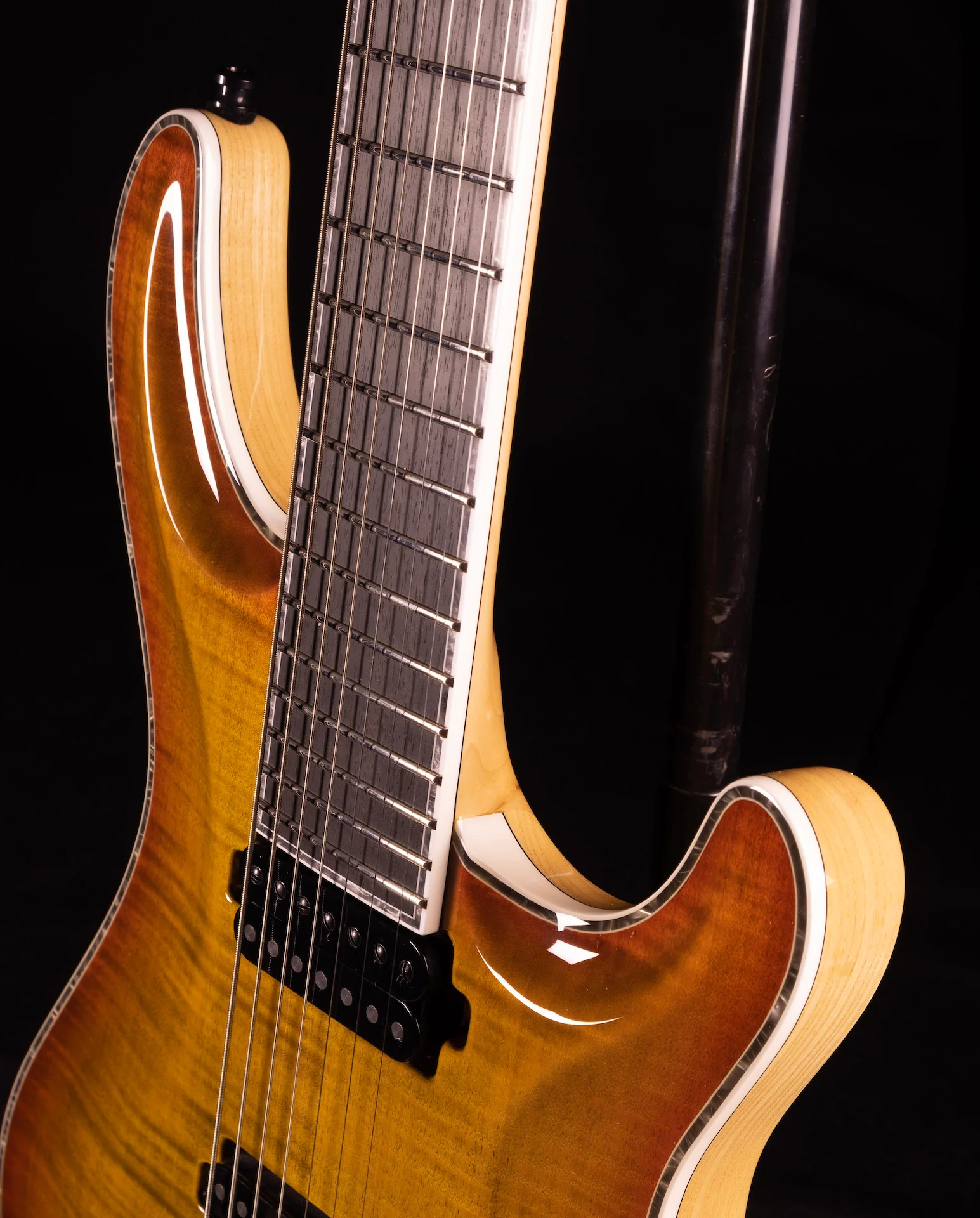 Mayones Regius Core 7 String Baritone 27" Scale Jeans Black Orange Burst Electric Guitar - Image 4