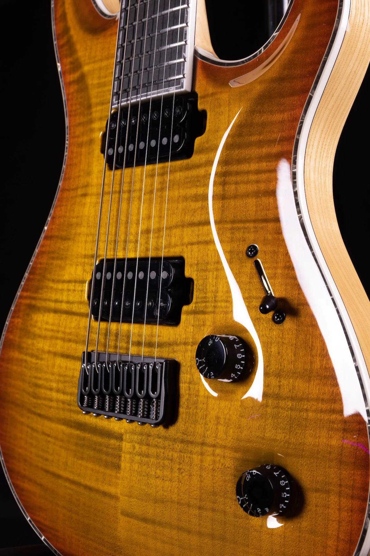 Mayones Regius Core 7 String Baritone 27" Scale Jeans Black Orange Burst Electric Guitar - Image 5