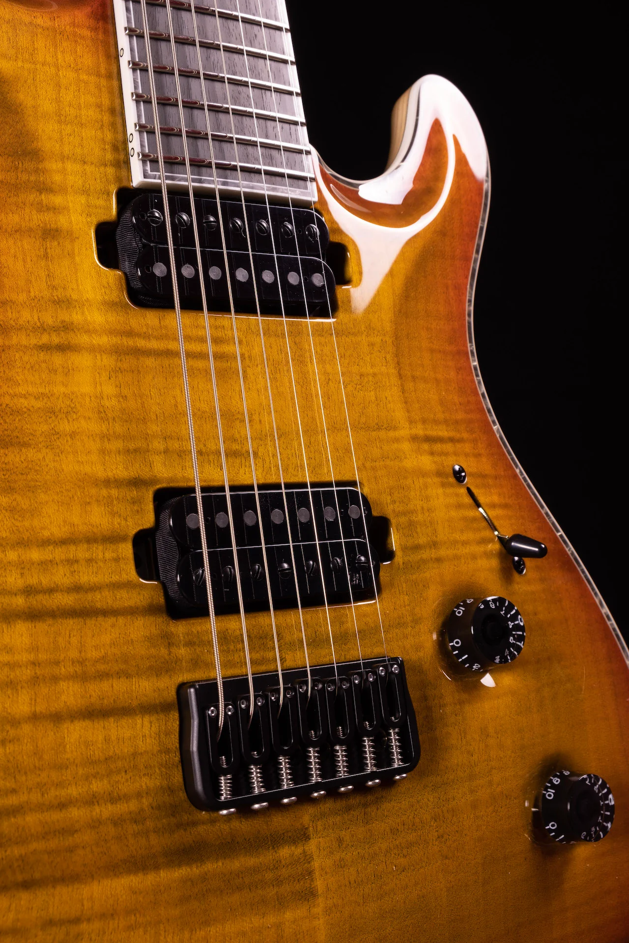 Mayones Regius Core 7 String Baritone 27" Scale Jeans Black Orange Burst Electric Guitar - Image 7
