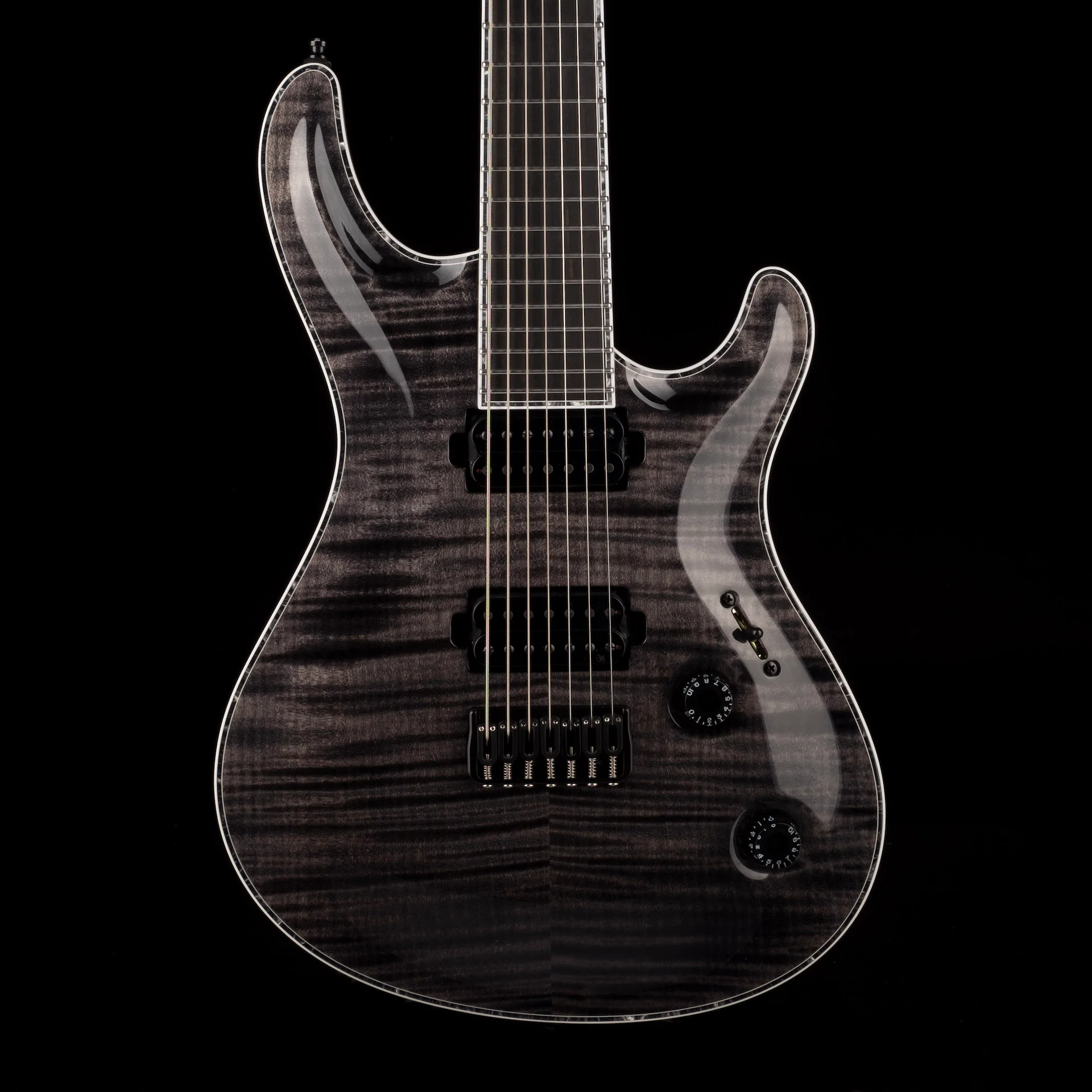 Mayones Regius Core 7 String Flame Top Trans Graphite Gloss Finish Guitar With Case