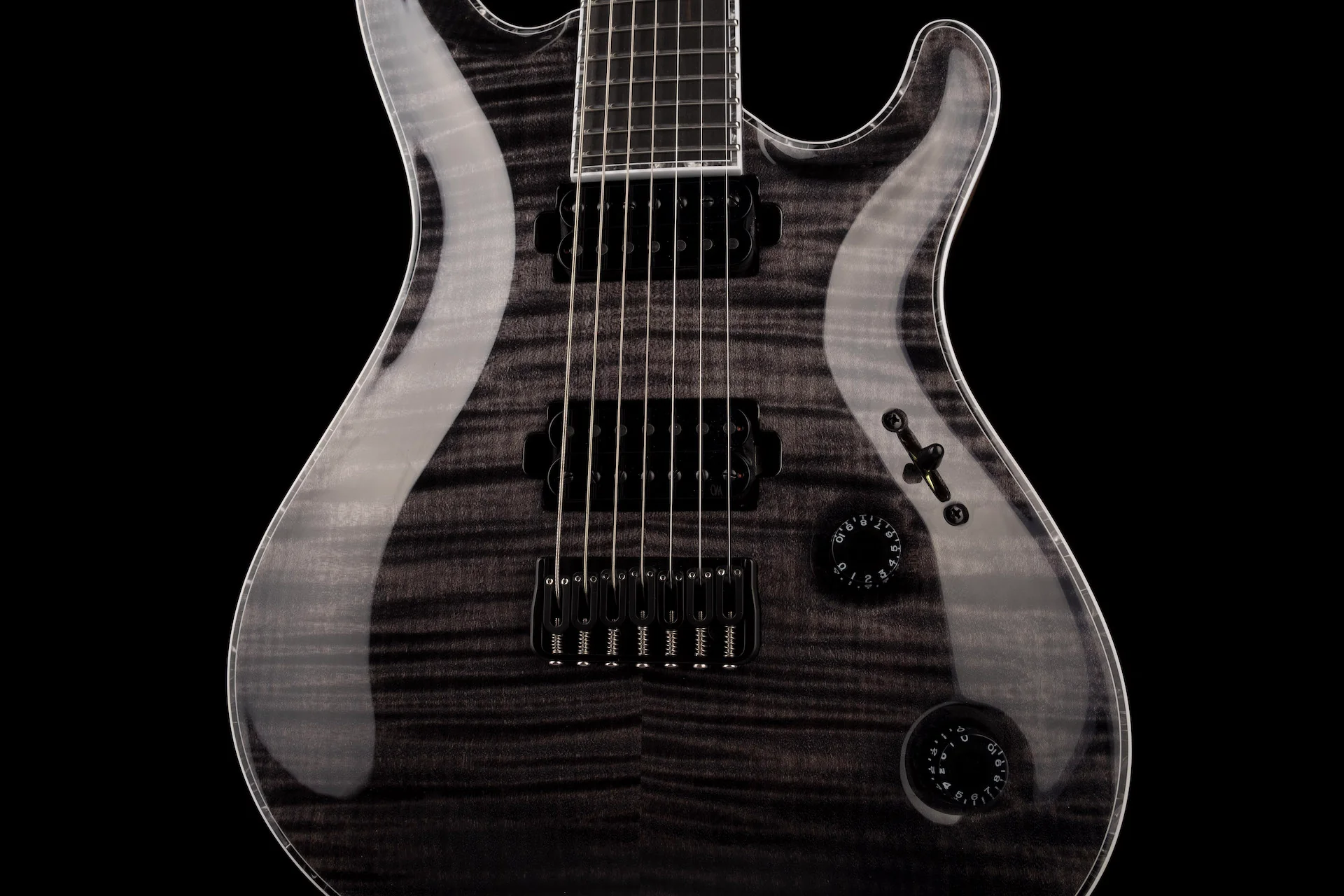 Mayones Regius Core 7 String Flame Top Trans Graphite Gloss Finish Guitar With Case - Image 6
