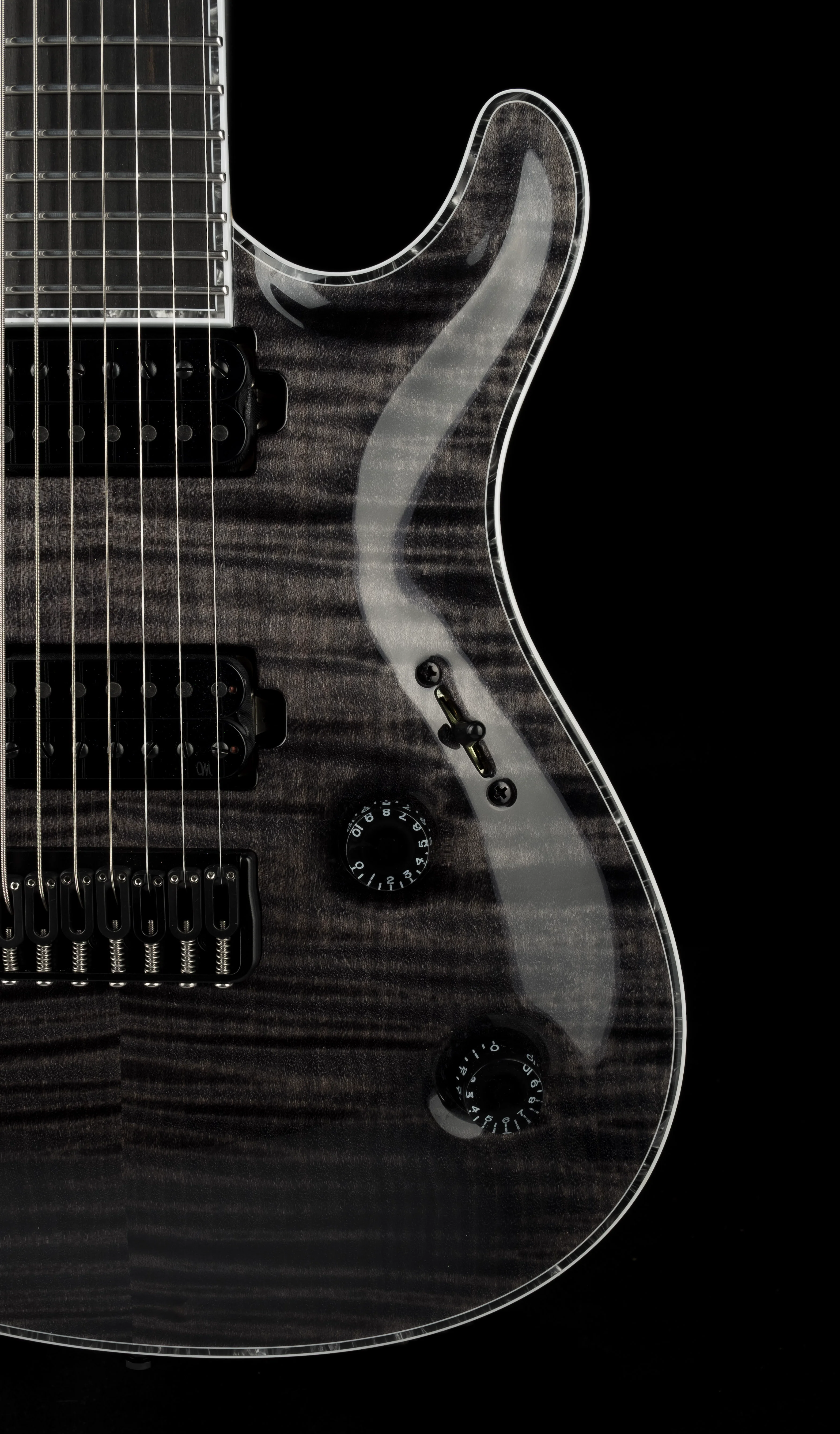 Mayones Regius Core 7 String Flame Top Trans Graphite Gloss Finish Guitar With Case - Image 9