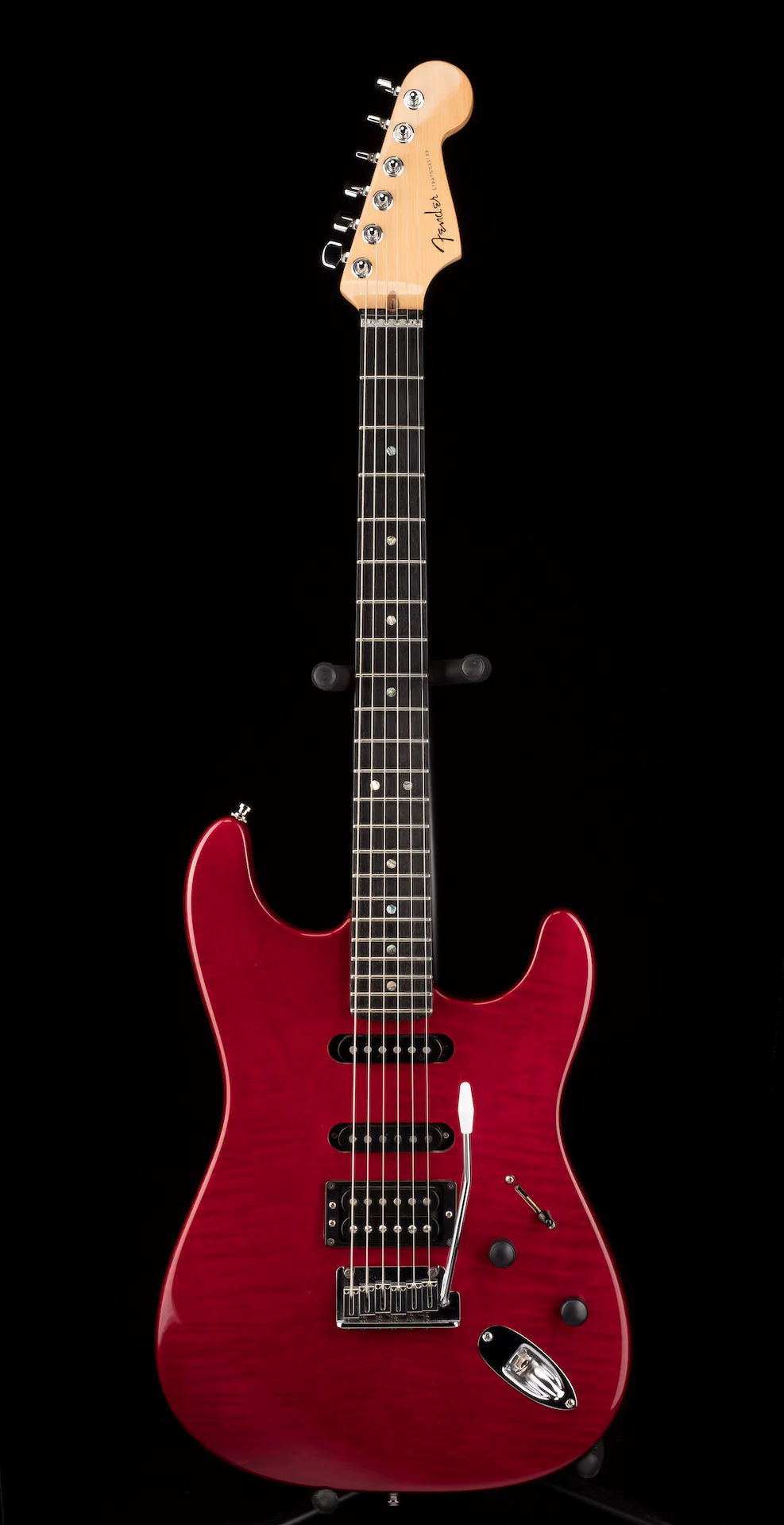 Pre Owned Fender 60th Anniversary American Deluxe QMT HSS Stratocaster Bing Cherry Transparent With Gig Bag - Image 2