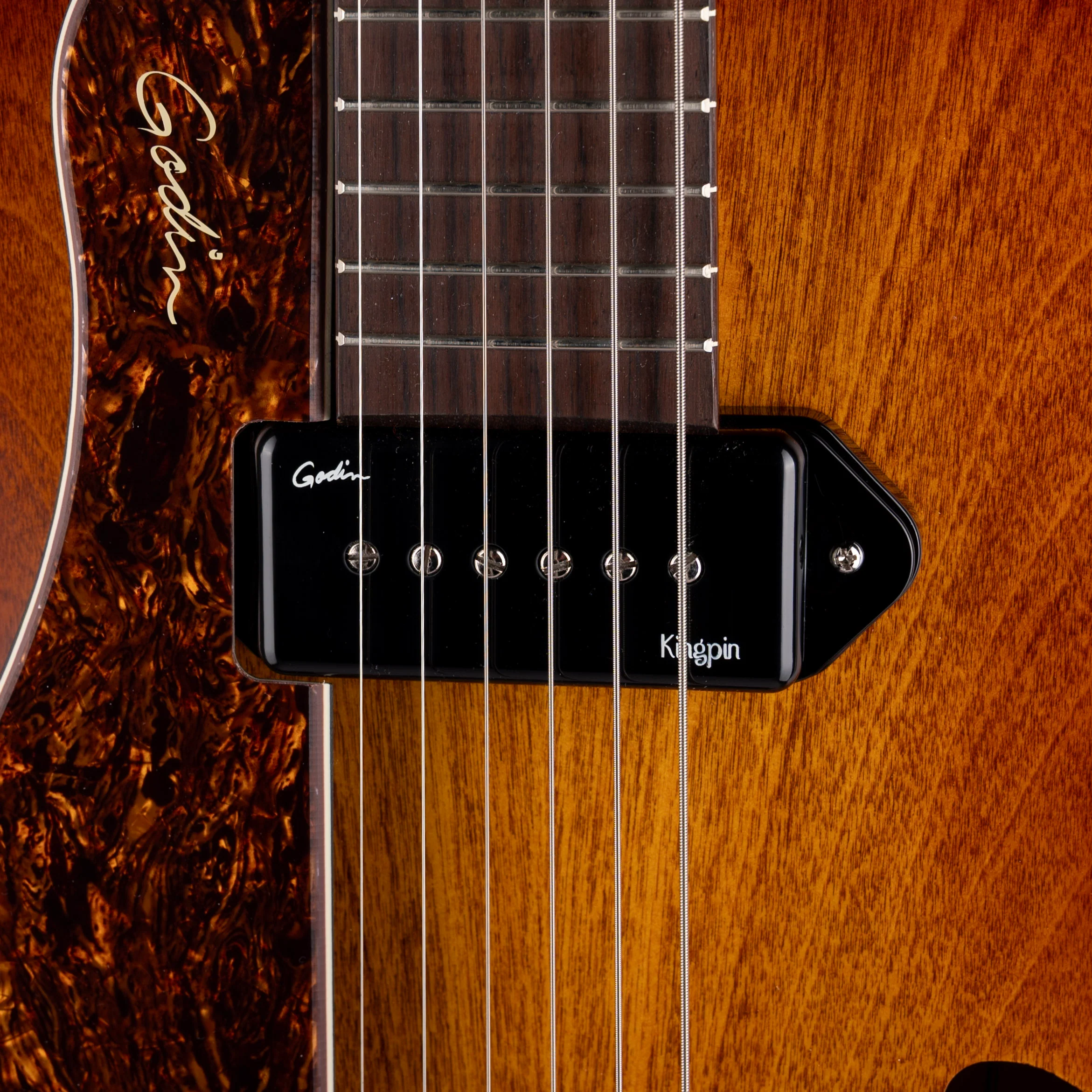 Pre Owned Godin 5th Avenue Kingpin P90 Cognac Burst Archtop Hollow-Body Left-Handed With OSSC - Image 4