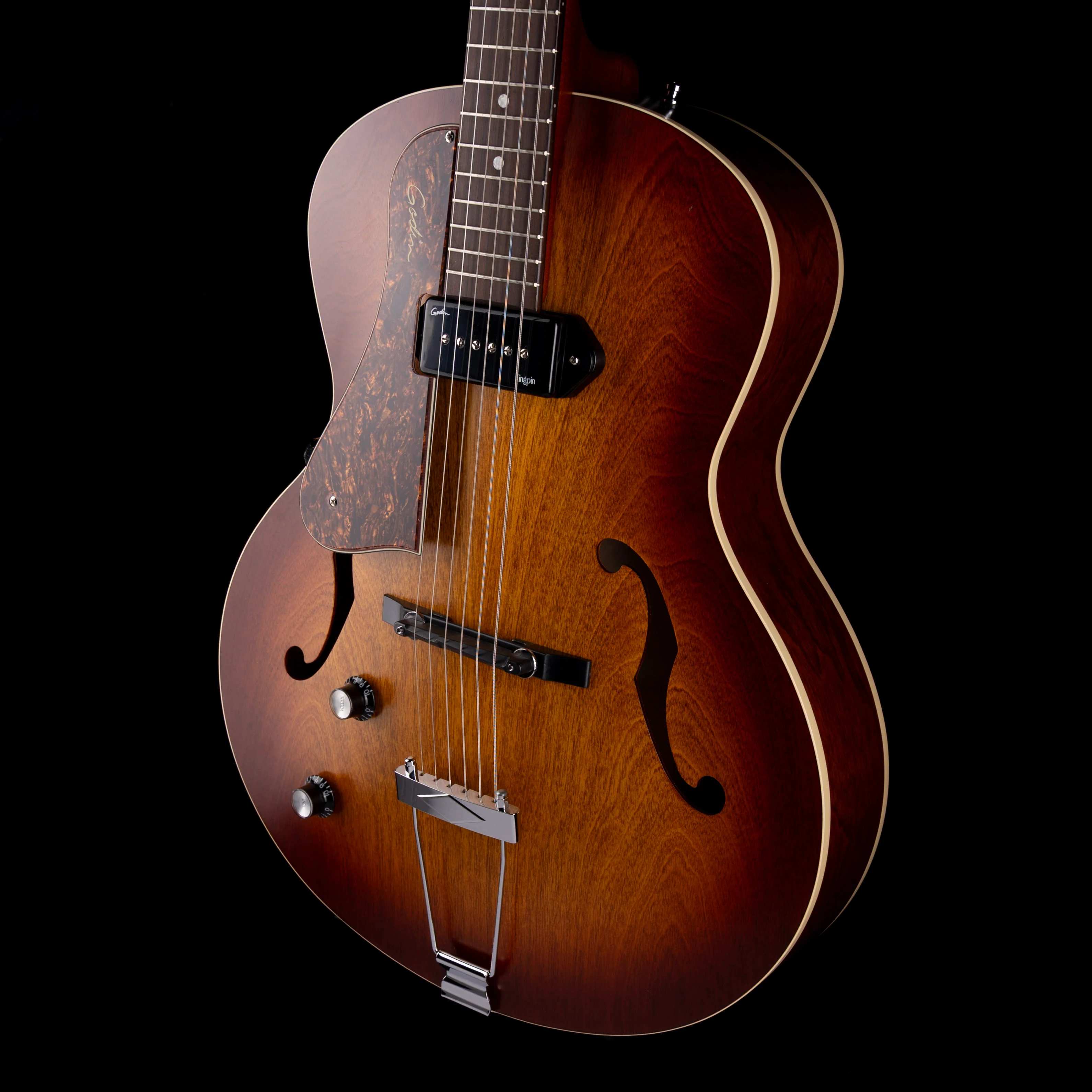 Pre Owned Godin 5th Avenue Kingpin P90 Cognac Burst Archtop Hollow-Body Left-Handed With OSSC - Image 6
