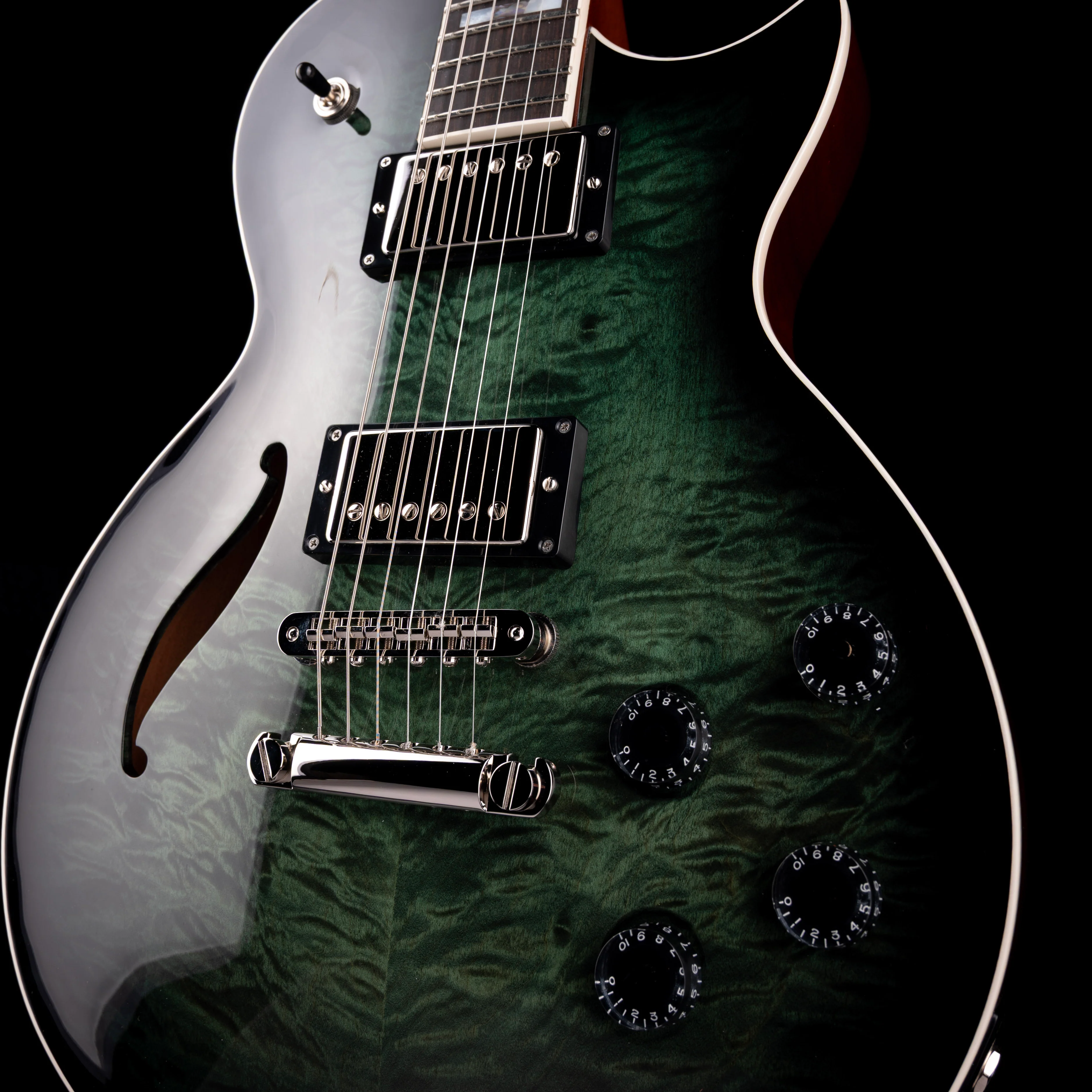Prestige Guitars Master Built Elite Quilted Maple Semi-Hollow Forest Green Burst with Case - Image 5
