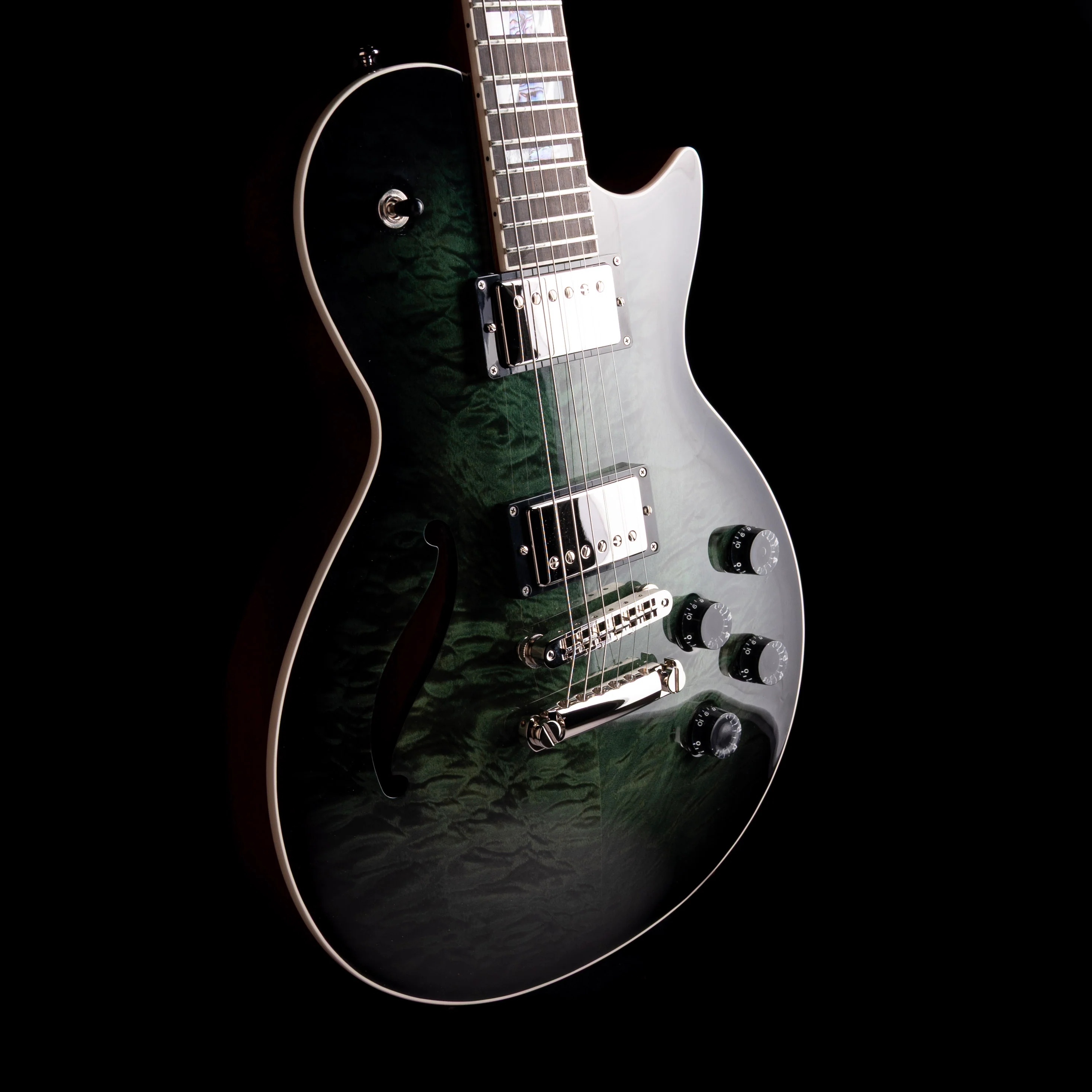 Prestige Guitars Master Built Elite Quilted Maple Semi-Hollow Forest Green Burst with Case - Image 6