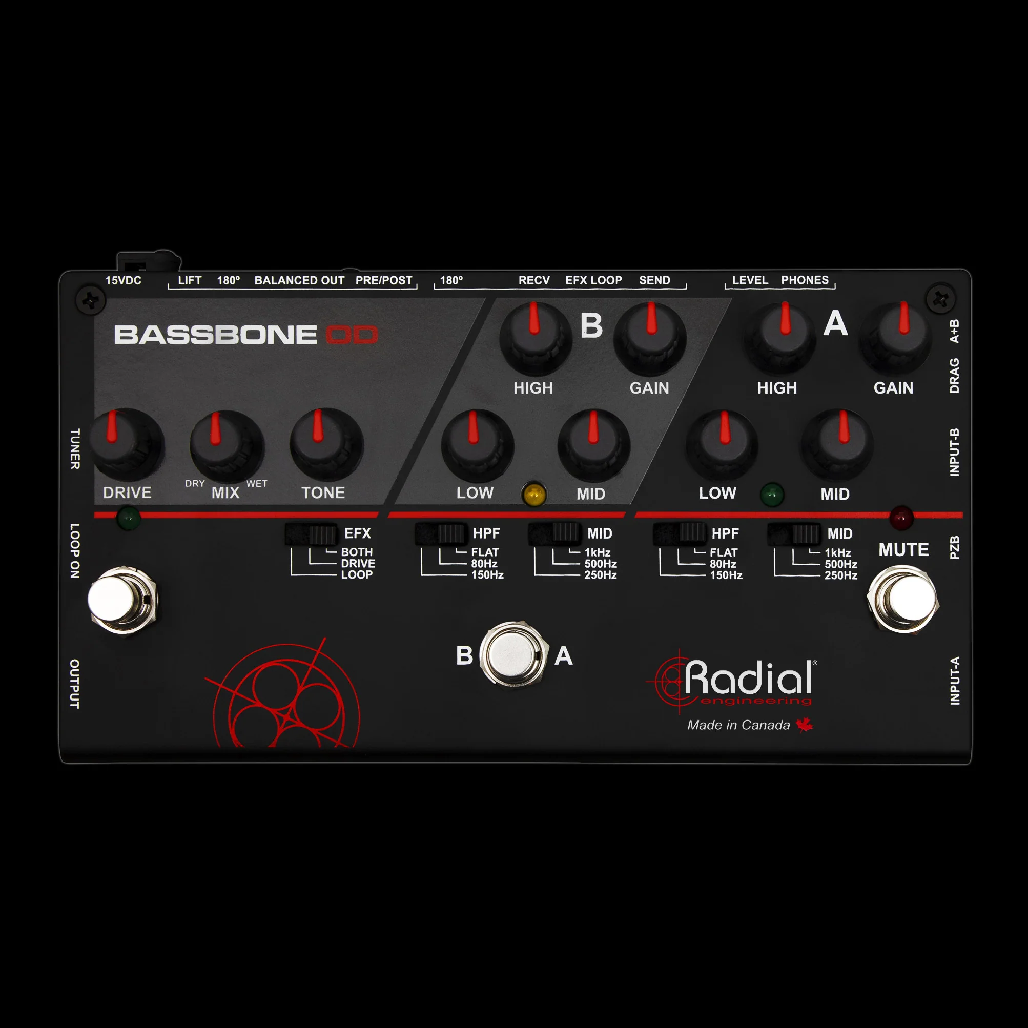 Radial Engineering Tonebone Bassbone OD 2 Channel Bass Preamp DI Bass Effect Pedal