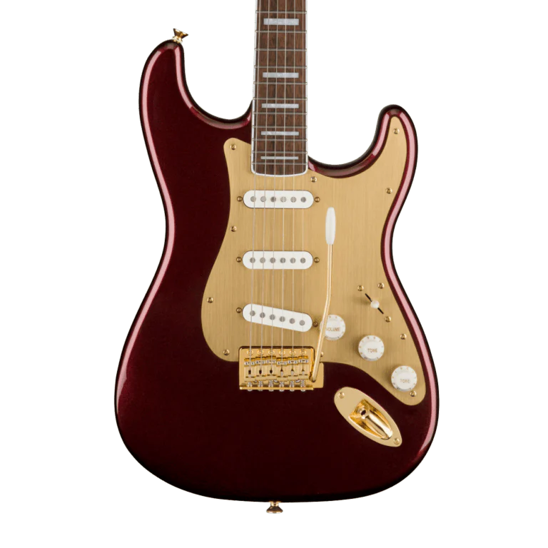 Squier 40th Anniversary Stratocaster Gold Edition Ruby Red Metallic Electric Guitar