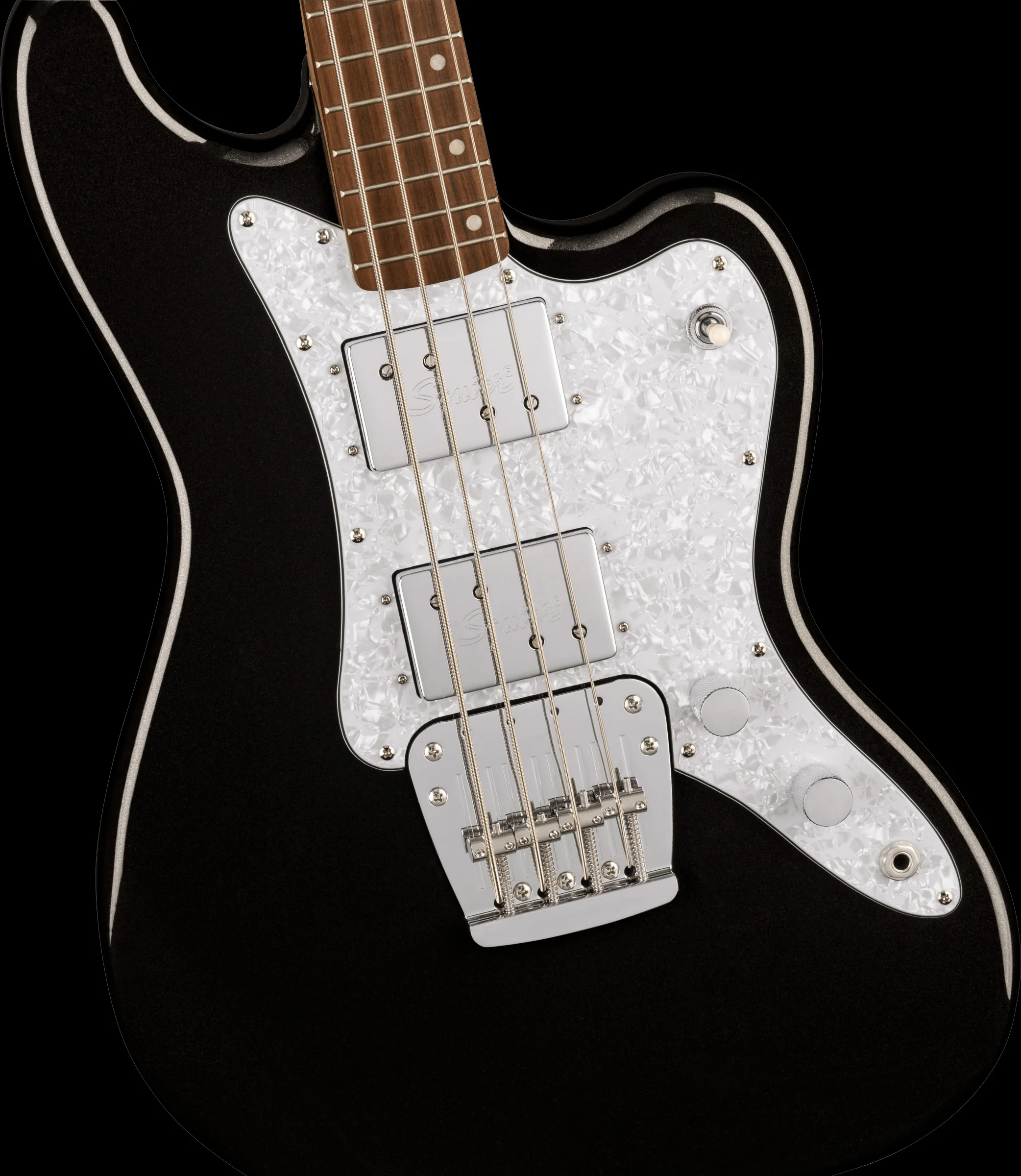 Squier Paranormal Rascal Bass HH Laurel Fingerboard White Pearloid Pickguard Metallic Black - Image 3