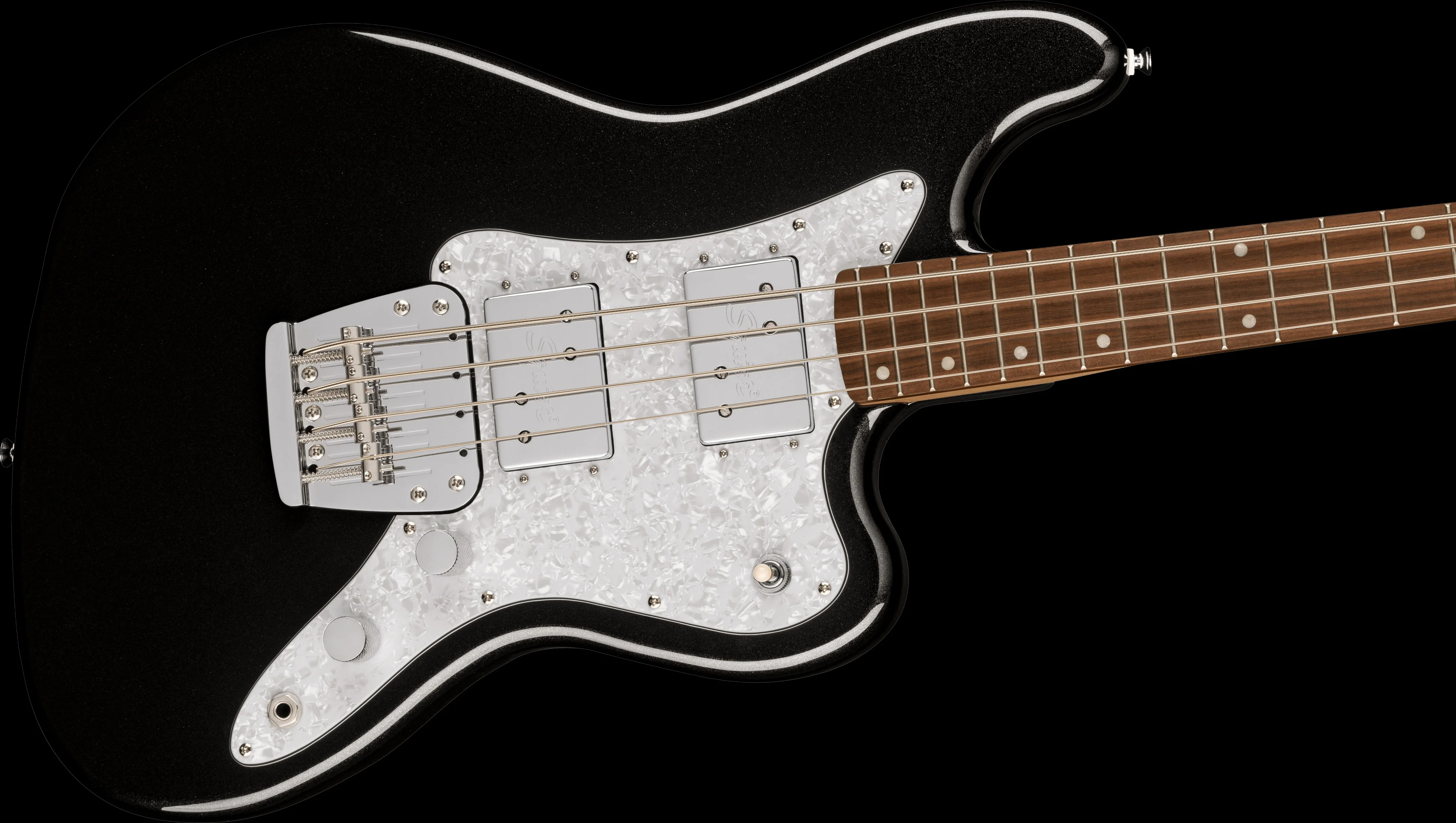 Squier Paranormal Rascal Bass HH Laurel Fingerboard White Pearloid Pickguard Metallic Black - Image 4