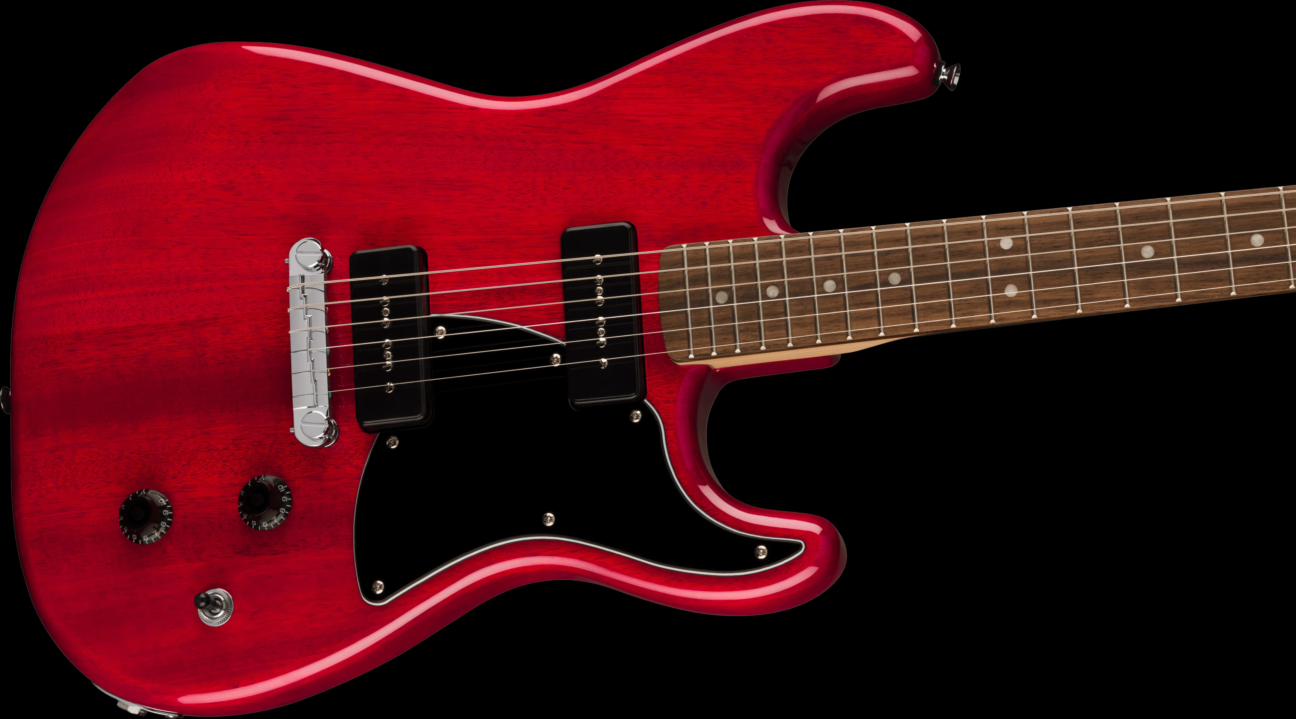 Squier Paranormal Strat-O-Sonic Laurel Fingerboard Black Pickguard Crimson Red Transparent - Image 3