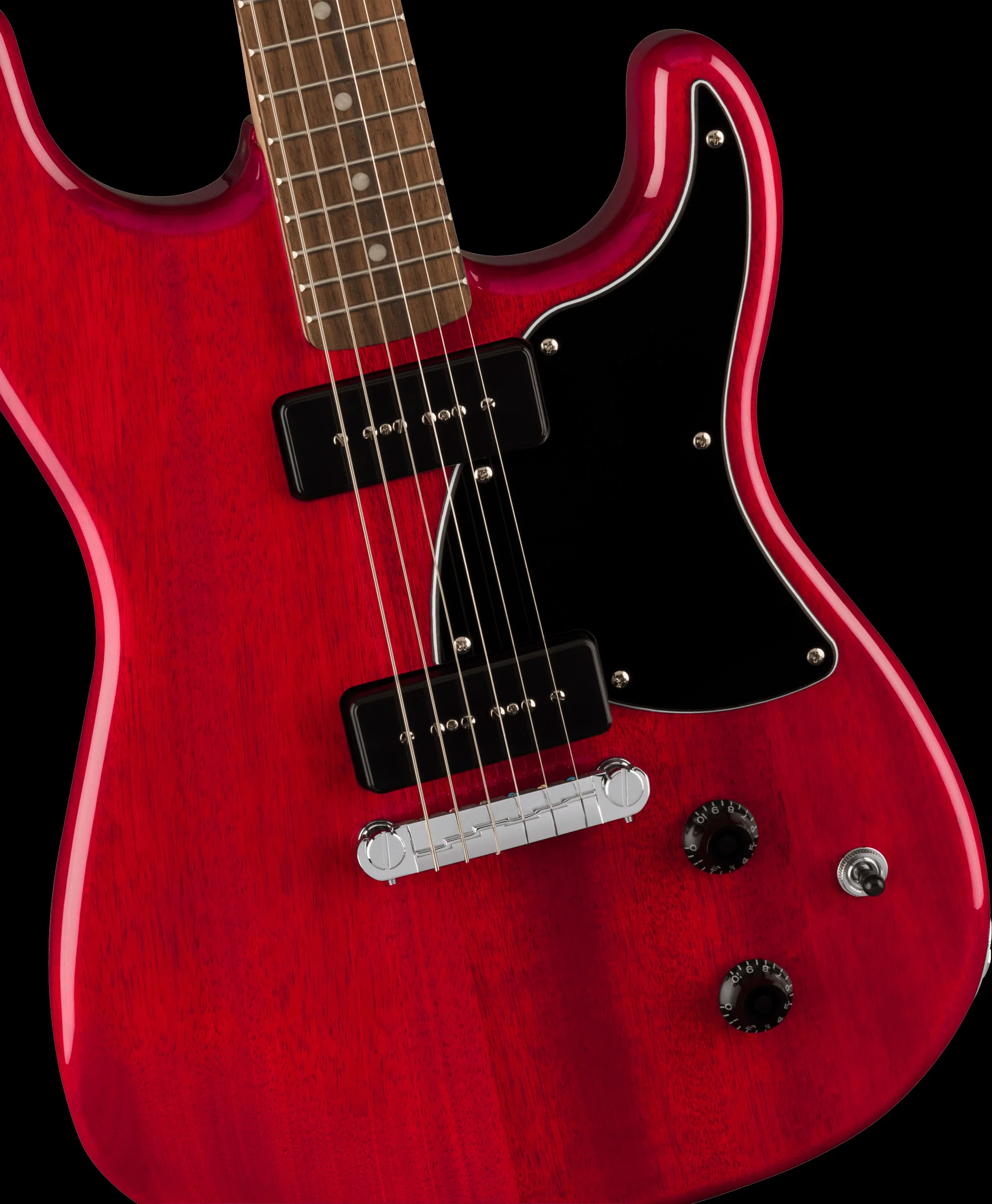 Squier Paranormal Strat-O-Sonic Laurel Fingerboard Black Pickguard Crimson Red Transparent - Image 4