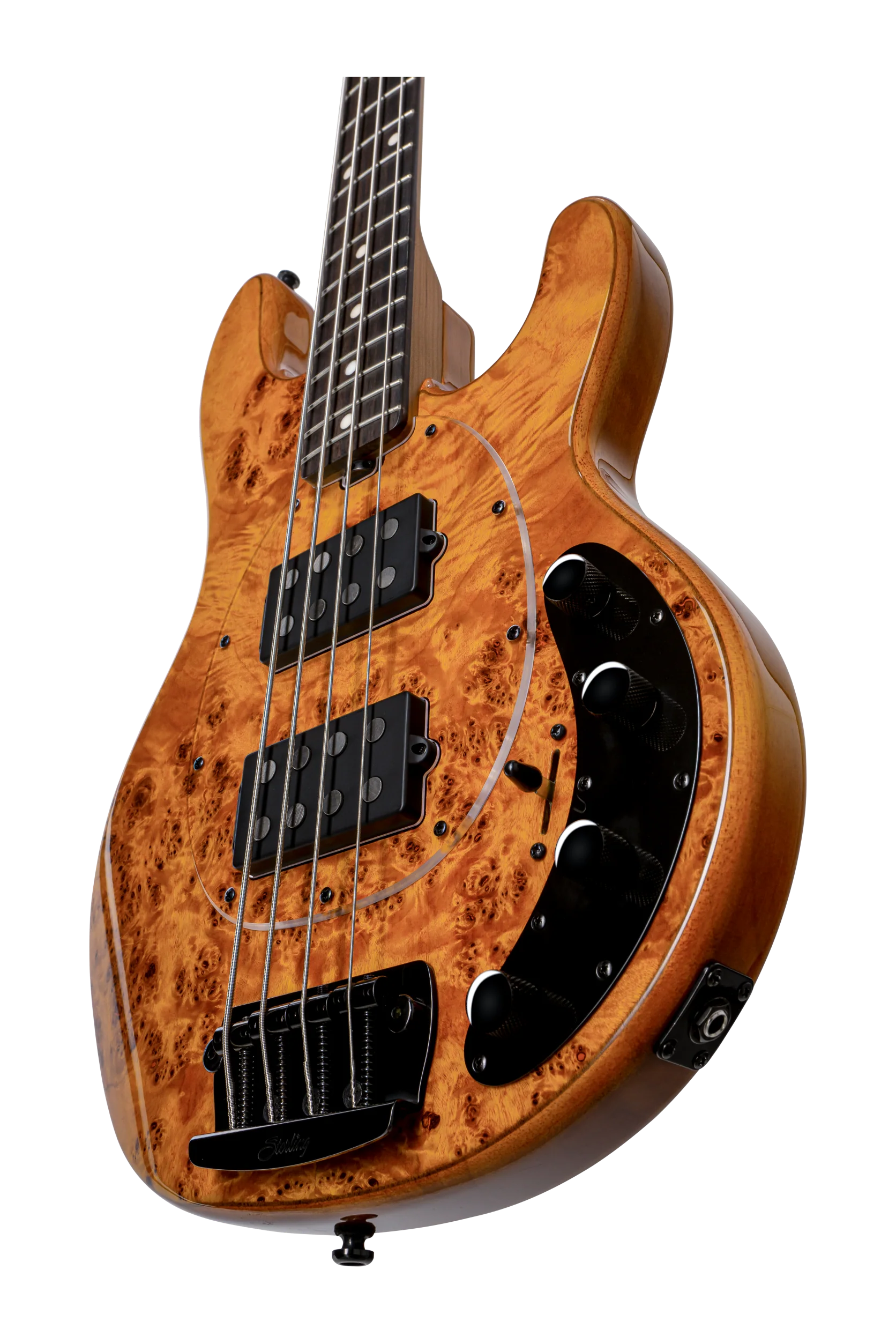 Sterling by Music Man StingRay HH RAY34HH Poplar Burl Amber Bass With Gig Bag - Image 6