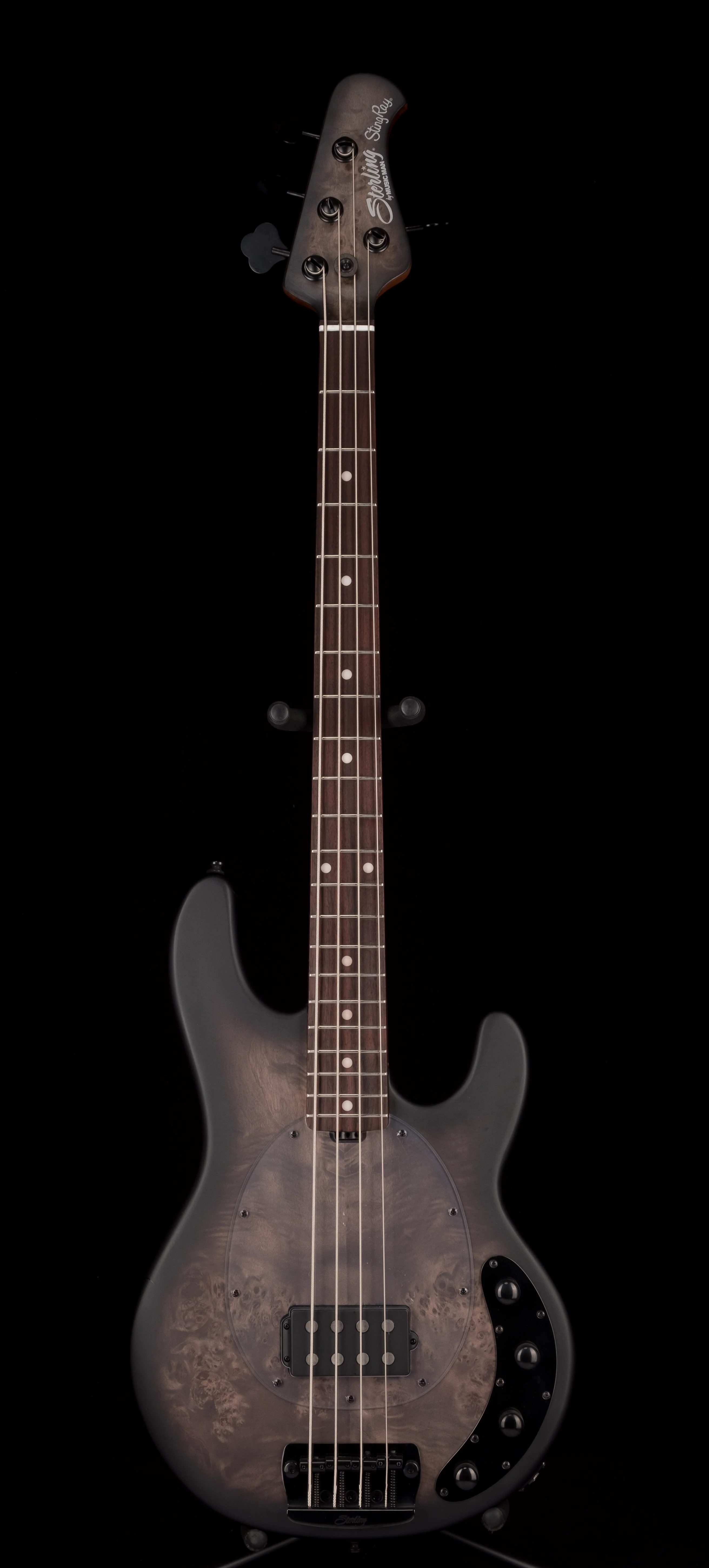 Sterling by Music Man StingRay Ray34 Poplar Burl Top Trans Black Satin With Bag - Image 2