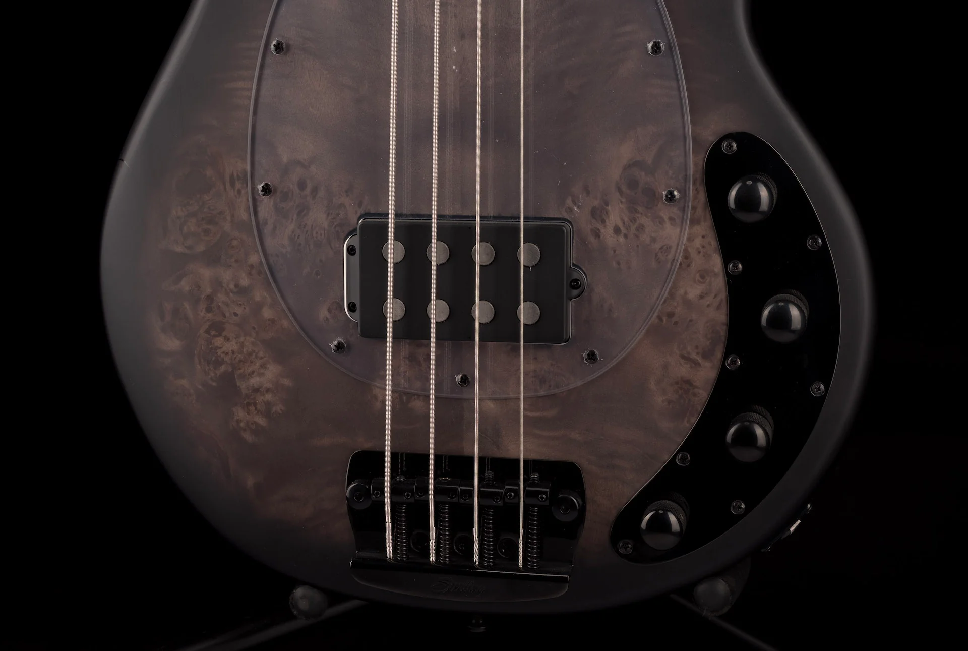 Sterling by Music Man StingRay Ray34 Poplar Burl Top Trans Black Satin With Bag - Image 5