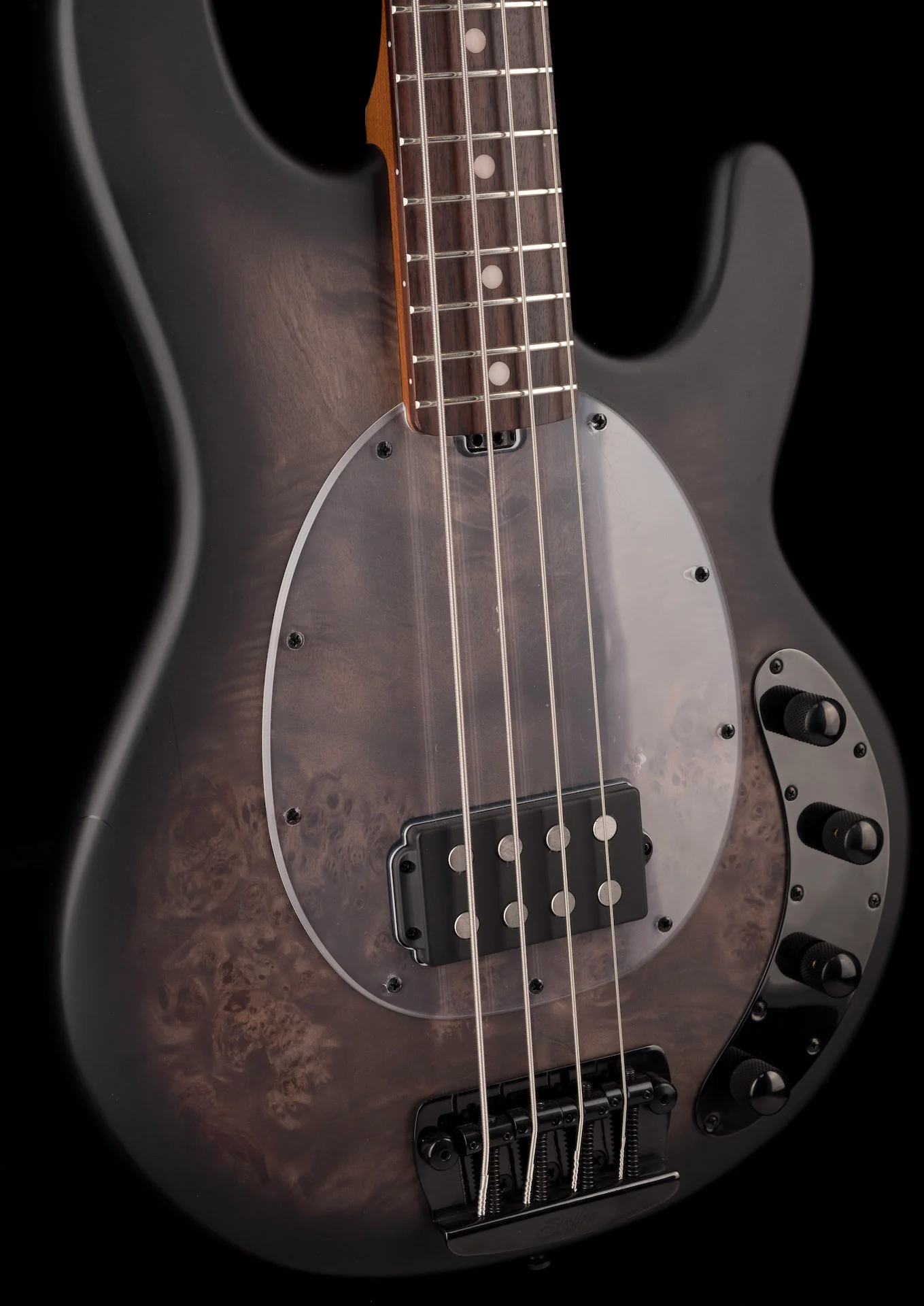 Sterling by Music Man StingRay Ray34 Poplar Burl Top Trans Black Satin With Bag - Image 9