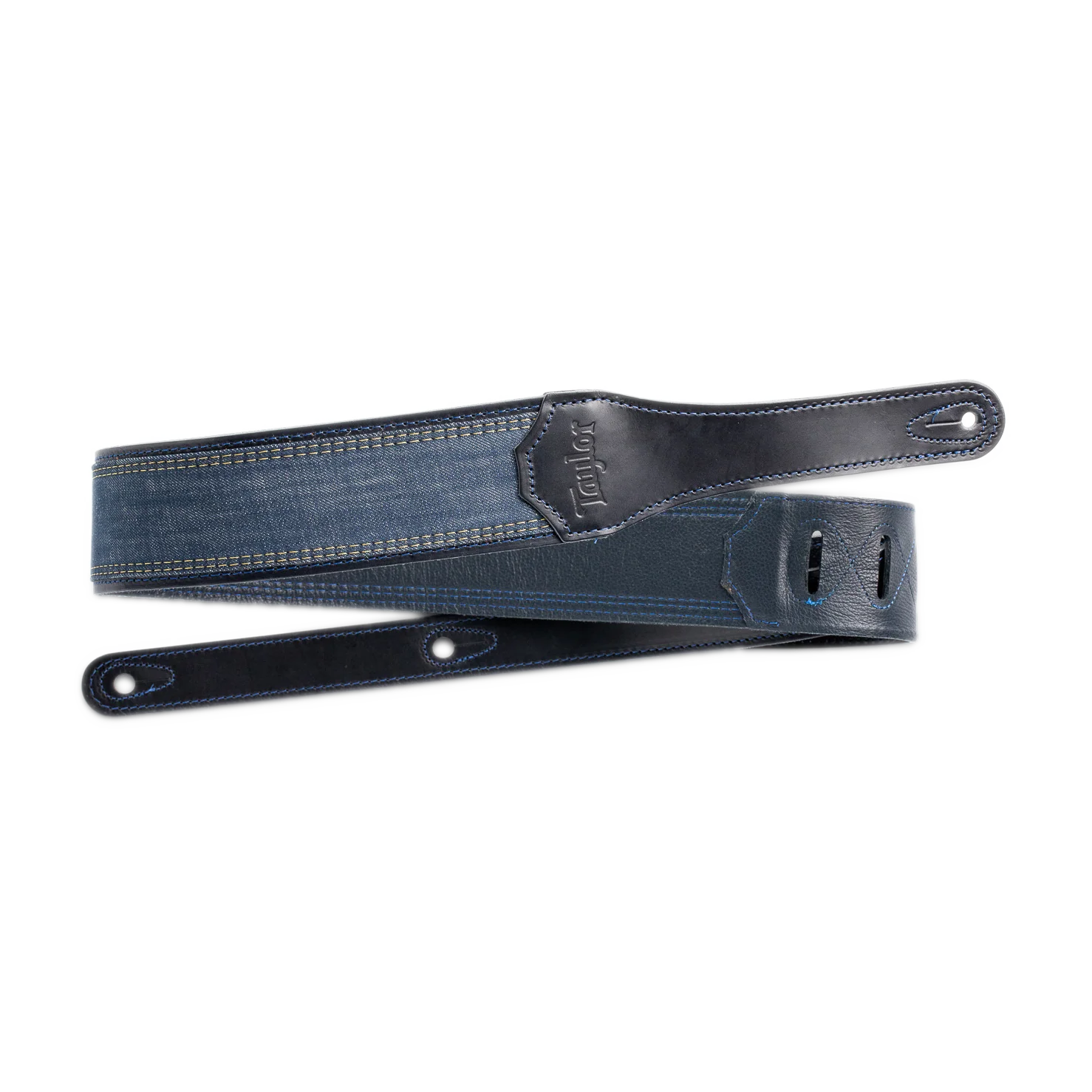 Taylor Blue Denim Strap Navy Leather Edges 2.5" Embossed Logo