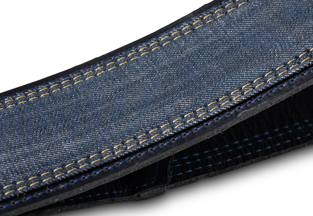 Taylor Blue Denim Strap Navy Leather Edges 2.5" Embossed Logo - Image 3