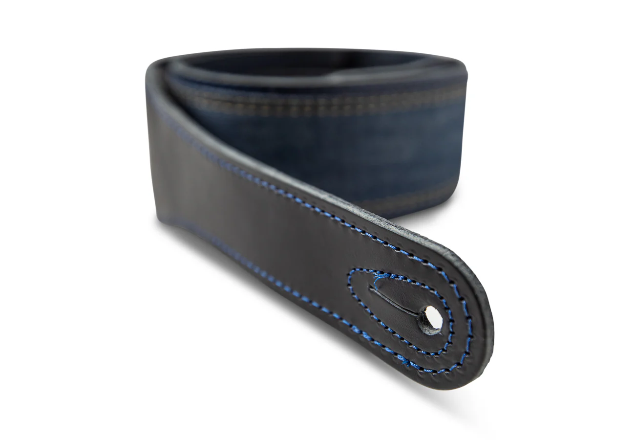 Taylor Blue Denim Strap Navy Leather Edges 2.5" Embossed Logo - Image 4