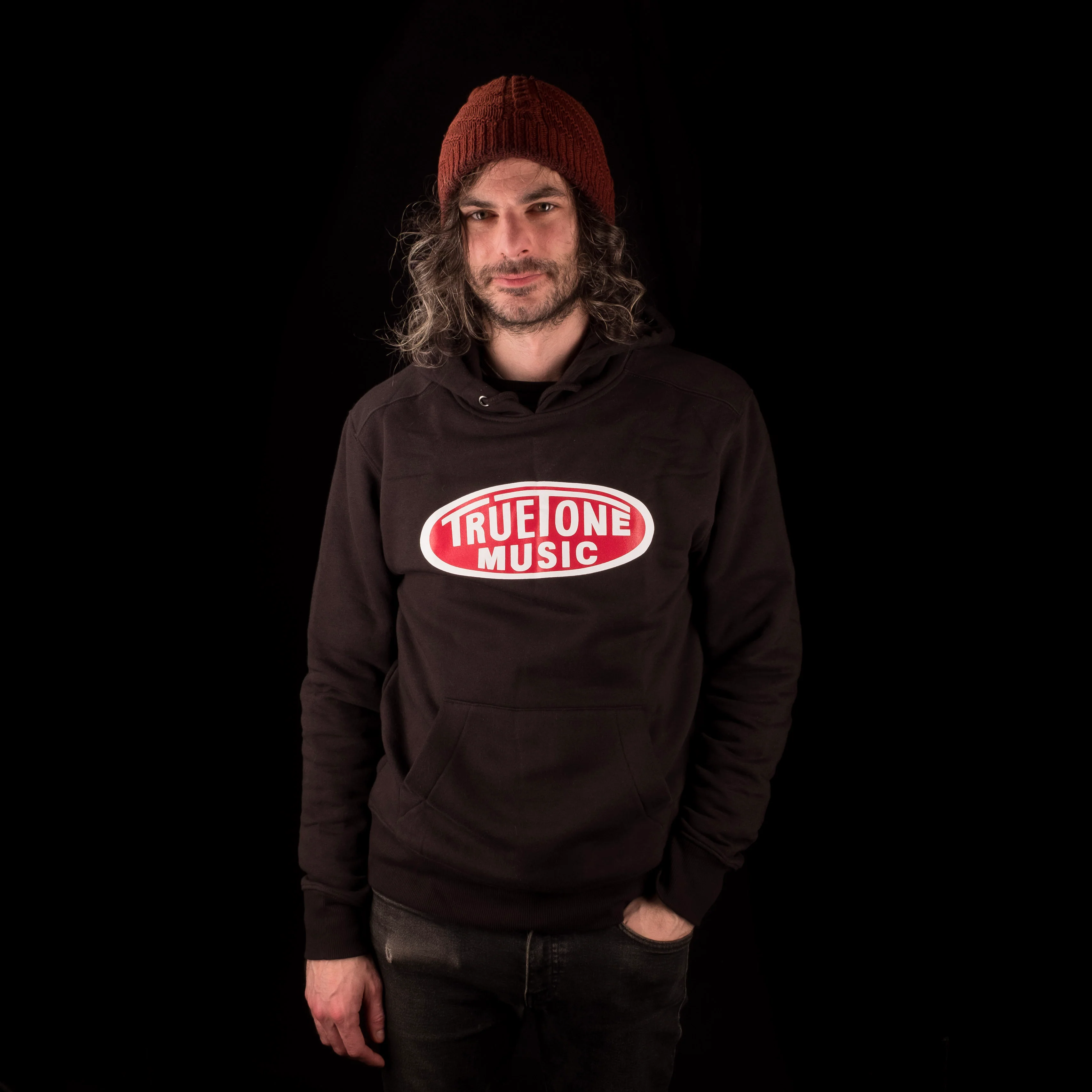 Truetone Music Classic Pullover Hoodie Black with White & Red Logo - Image 2