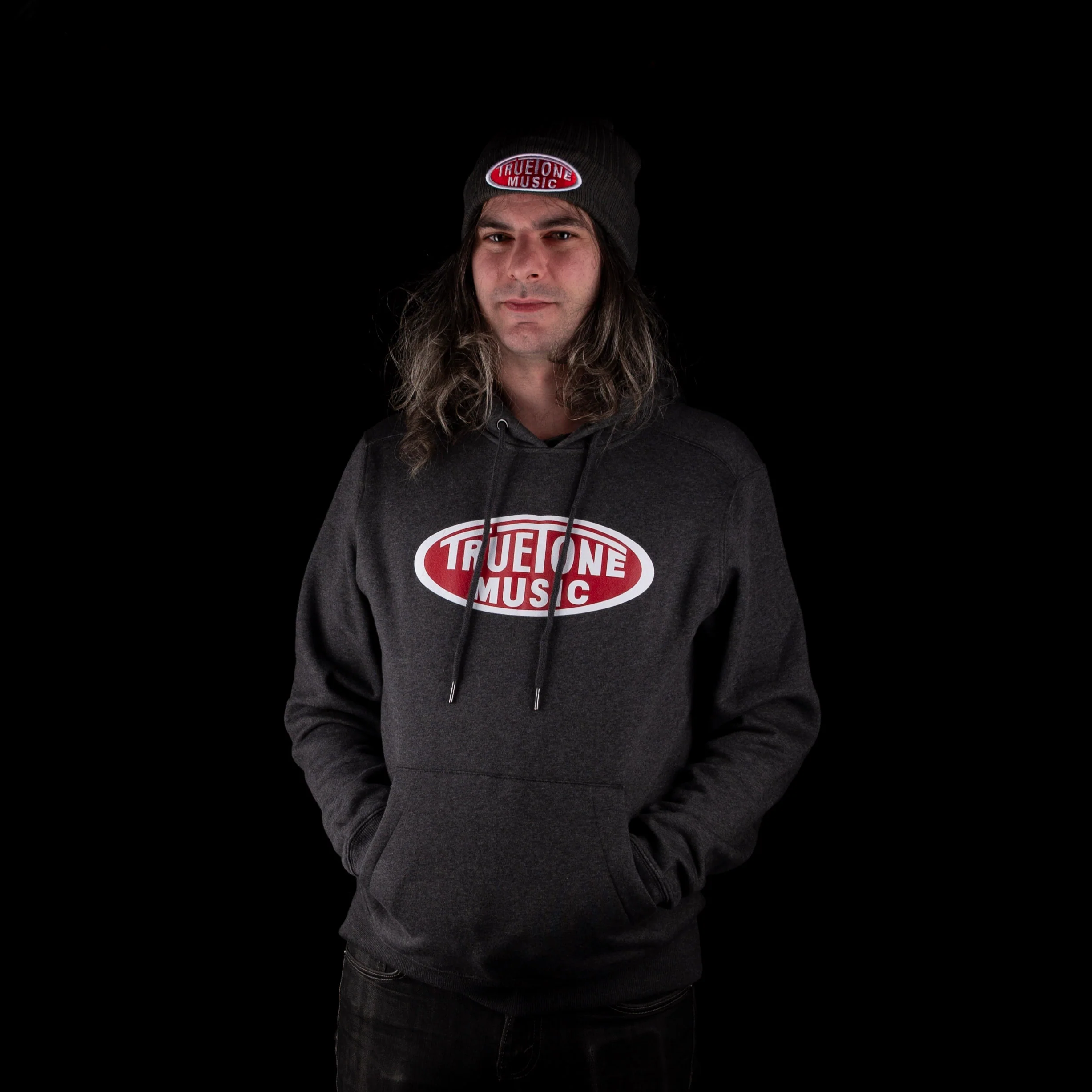 Truetone Music Classic Pullover Hoodie Dark Charcoal Heather with White & Red Logo