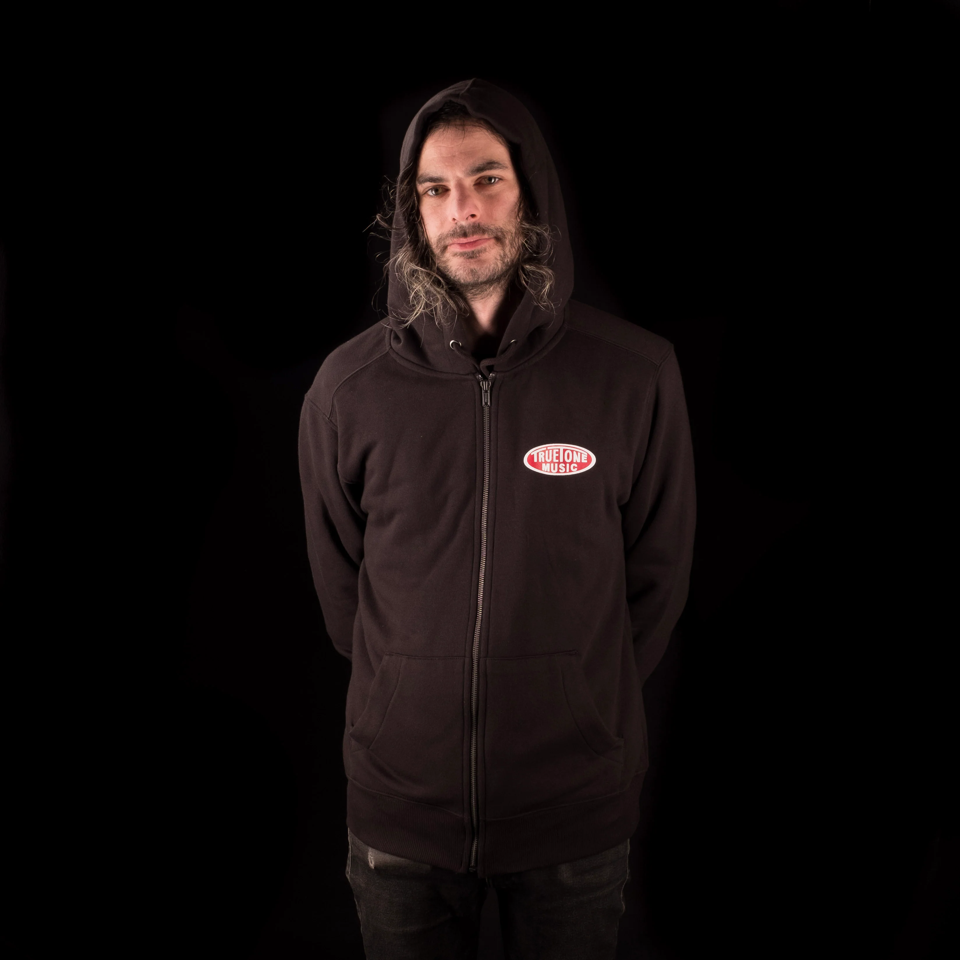 Truetone Music Classic Zip Up Hoodie Black with White & Red Logo - Image 2