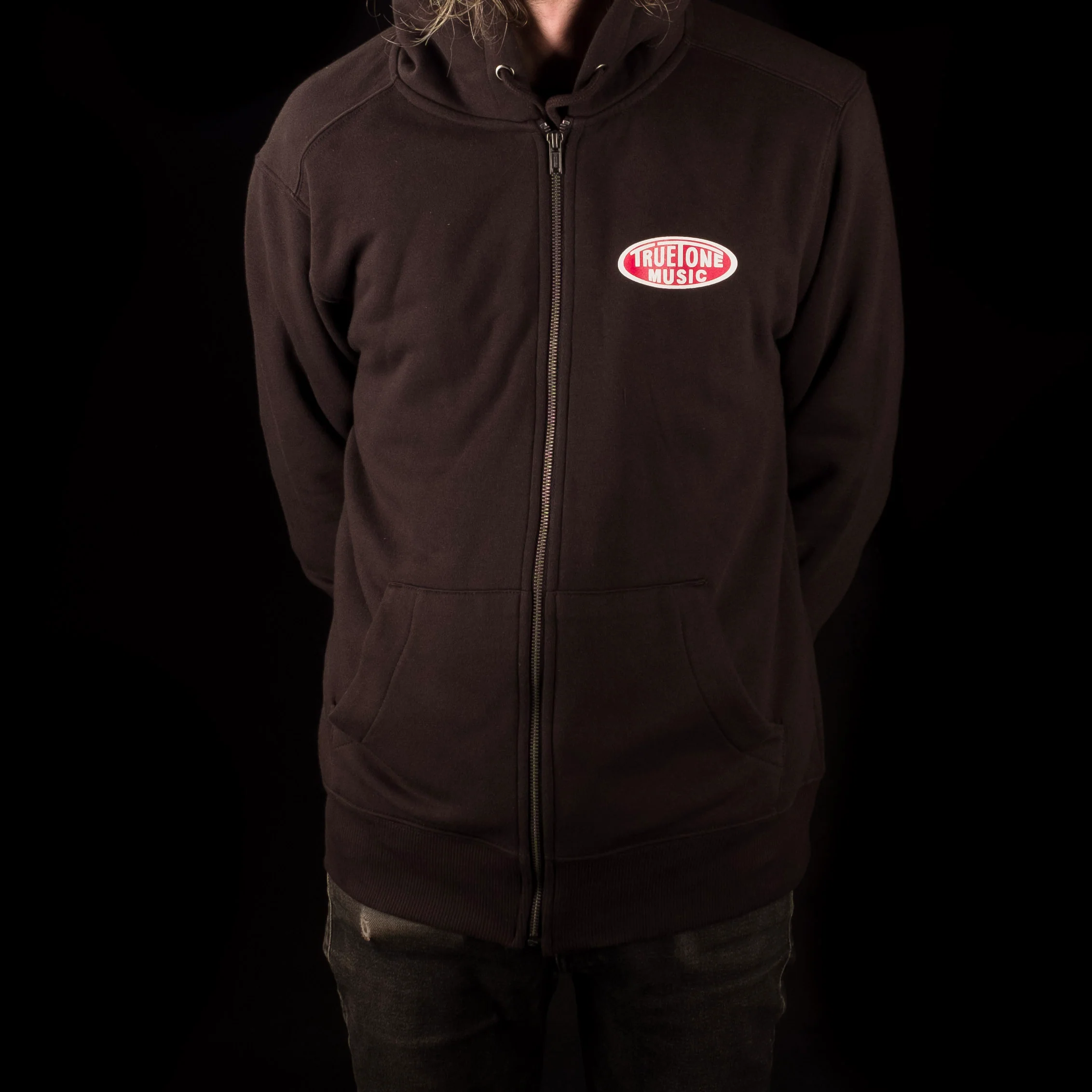 Truetone Music Classic Zip Up Hoodie Black with White & Red Logo - Image 3