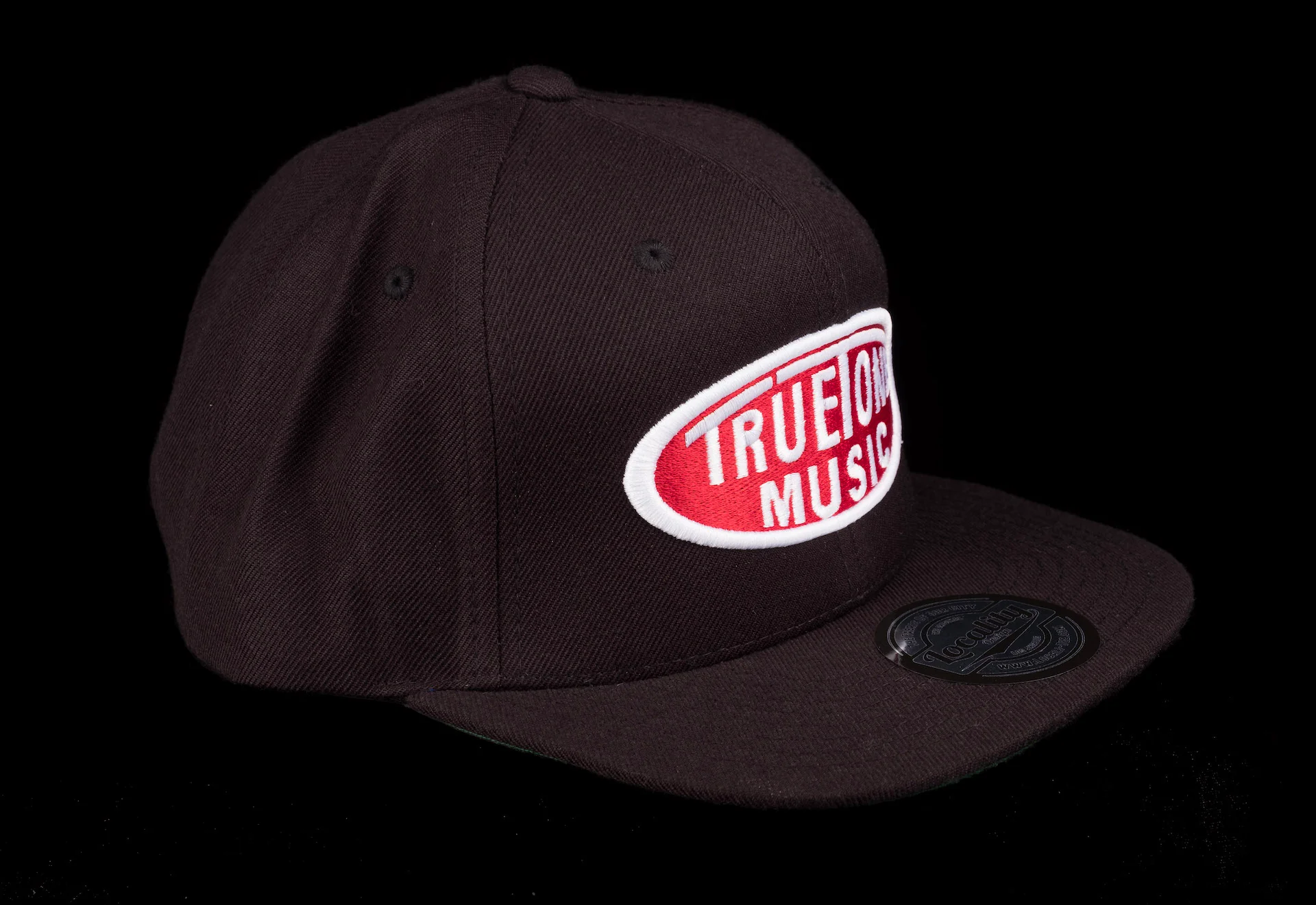 Truetone Music Flat Brim Snapback Hat Black with Red & White Logo - Image 2
