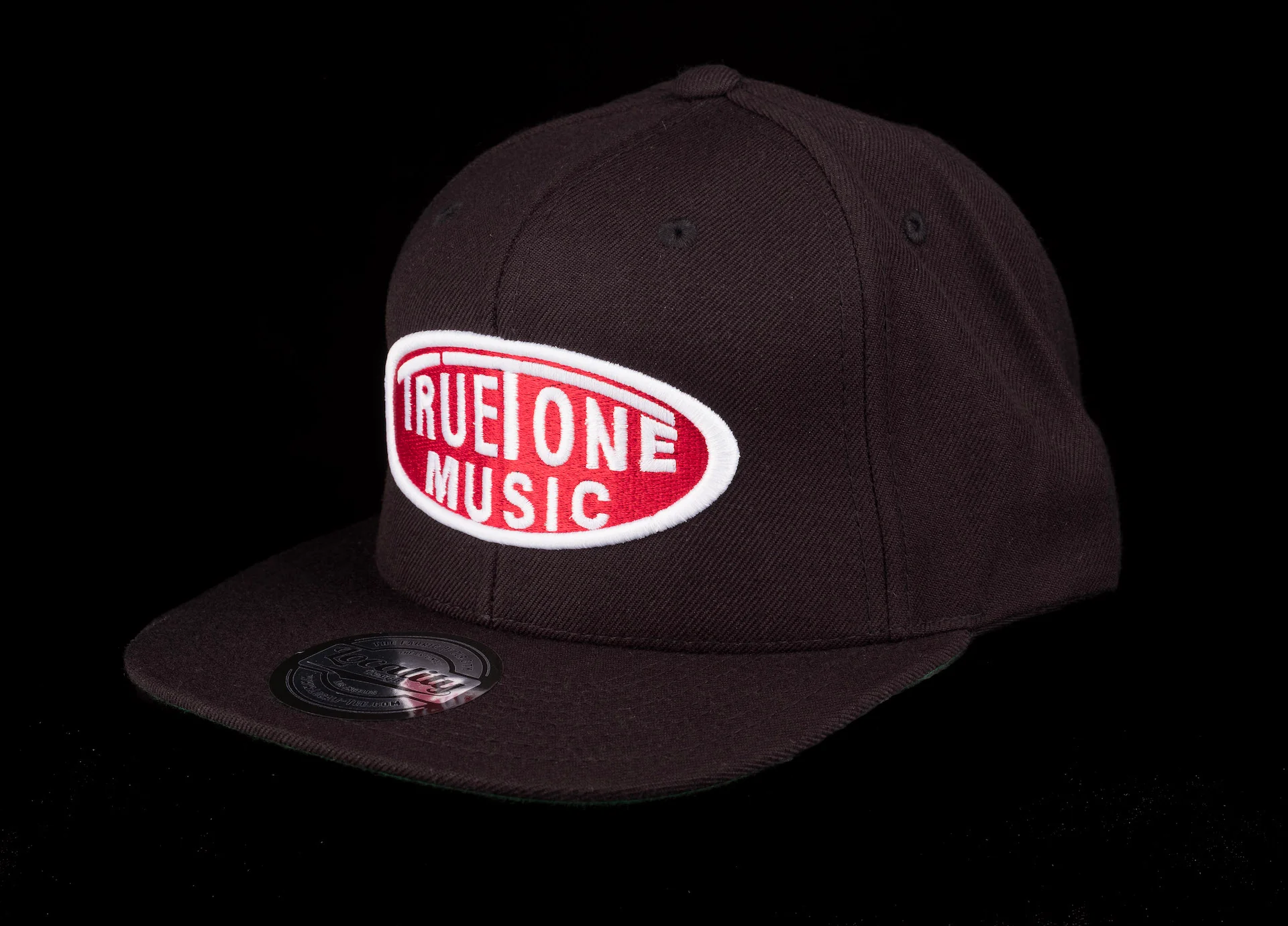 Truetone Music Flat Brim Snapback Hat Black with Red & White Logo - Image 3