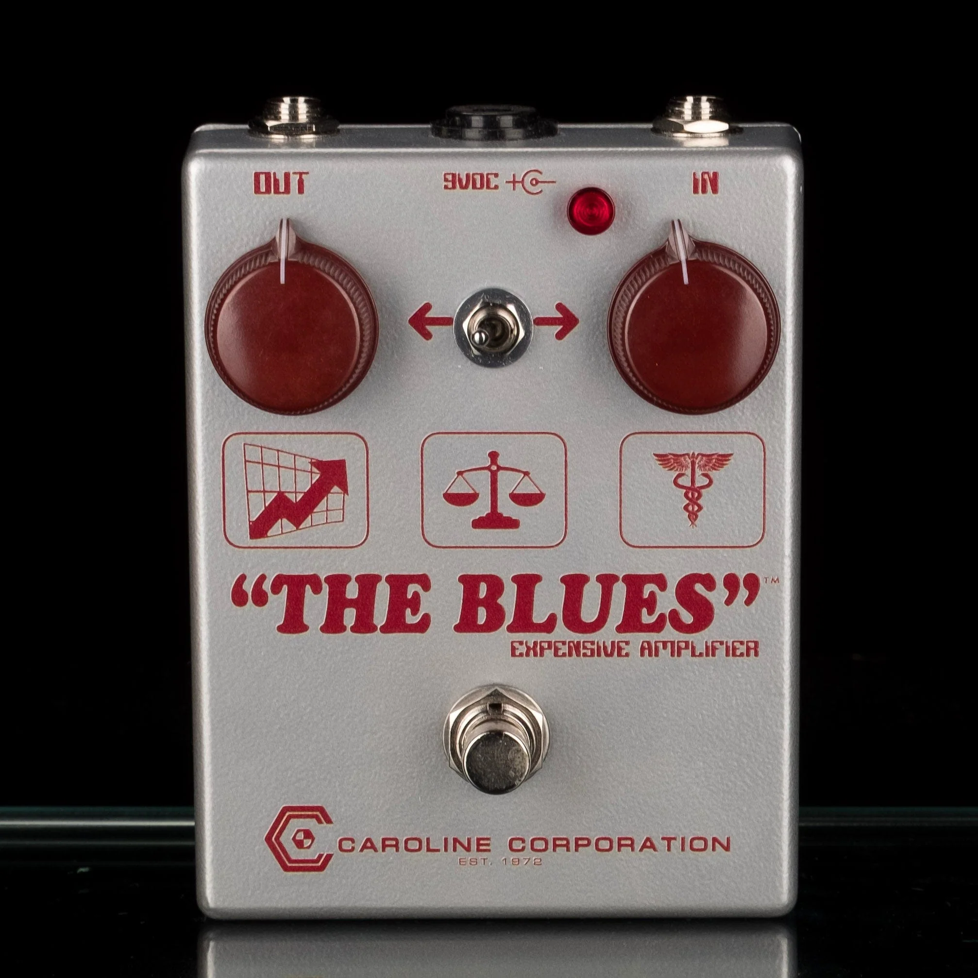 Used Caroline Guitar Company Limited Edition "The Blues" Expensive Amplifier Pedal Silver & Oxblood with Box - Image 2