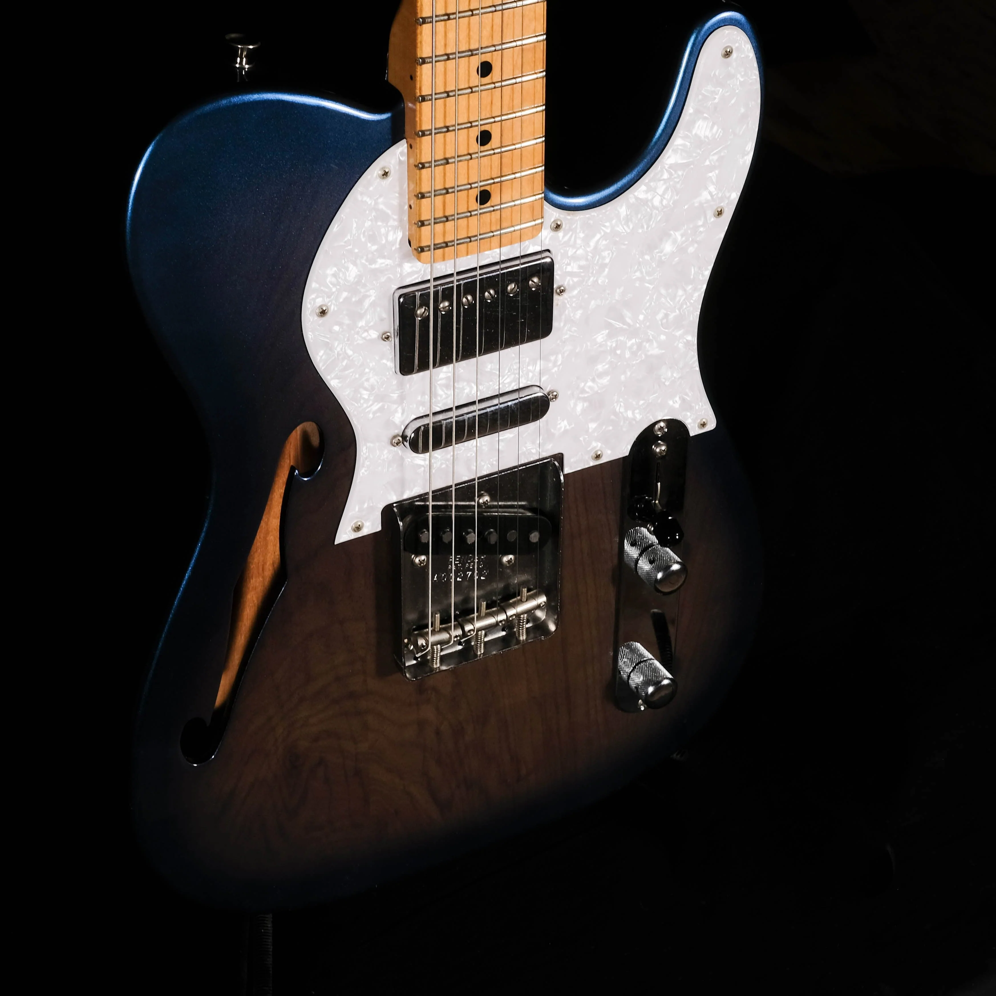 Used Fender Crafted in Japan HSS Maple Neck Tele Thinline - Blue Burst With Bag - Image 4